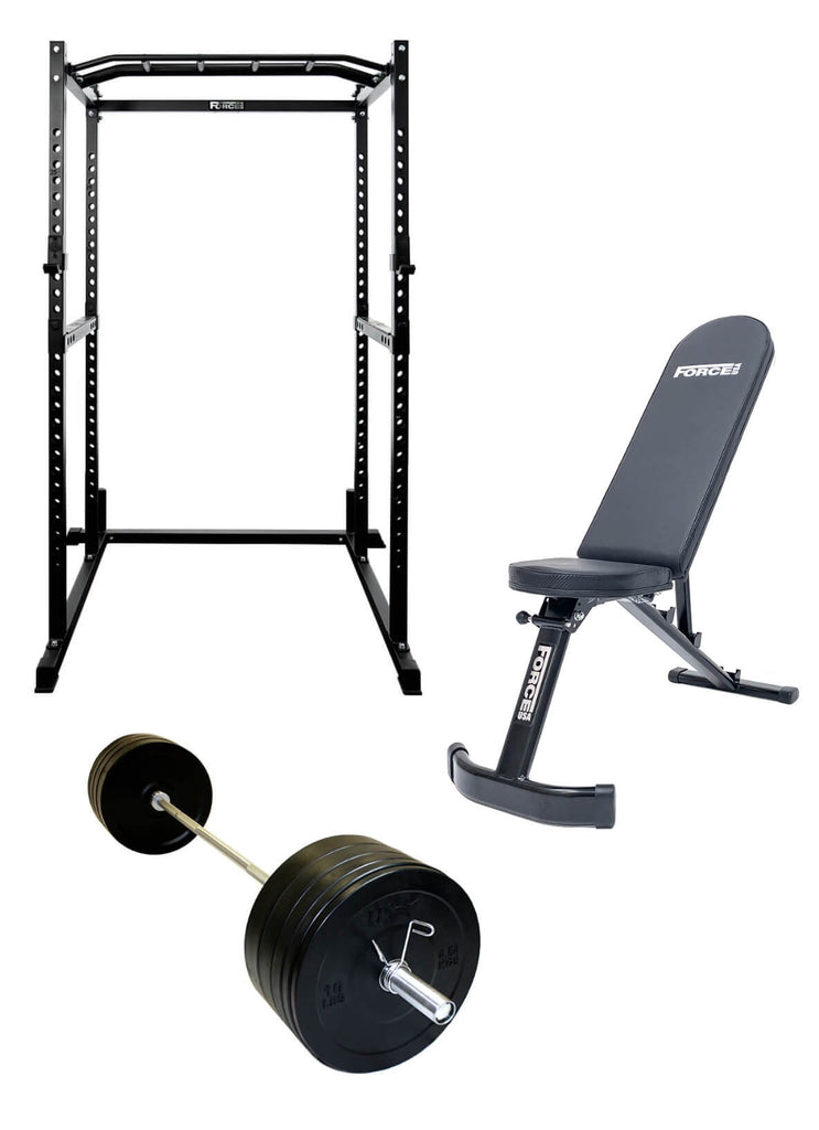 Force USA 50kg Gym Package Power Cage Olympic Barbell Adjustable Bench And Bumper Plates