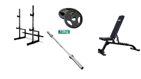 Image of Set - Squat Rack, Adjustable Bench, 15kgs Olympic Barbell And 30kg Olympic Weights Collars