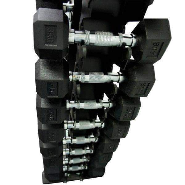 Package 3kg - 15kg Rubber Hex Dumbbells with Vertical Weights Storage Rack Tree - sweatcentral