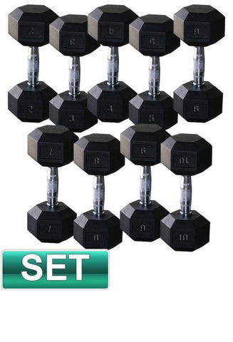 Image of PACKAGE OF 2KG - 10KG RUBBER HEX DUMBELLS AND 2 TIER STORAGE RACK - sweatcentral
