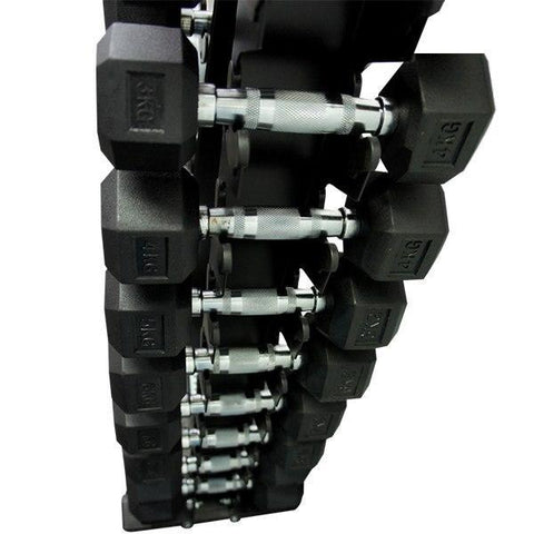 Image of PACKAGE OF 2KG - 10KG RUBBER HEX DUMBELLS AND  VERTICAL STORAGE RACK TREE - sweatcentral