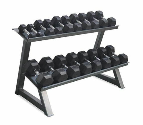 Image of PACKAGE OF 10KG - 30KG RUBBER HEX DUMBBELLS AND 2 TIER STORAGE RACK