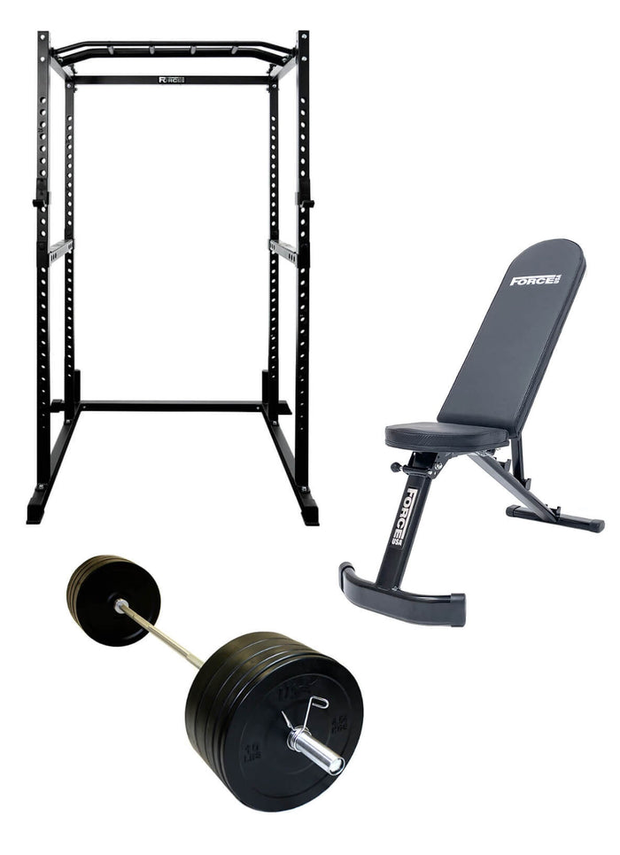 Force USA 50kg Gym Package Power Cage Olympic Barbell Adjustable Bench And Bumper Plates