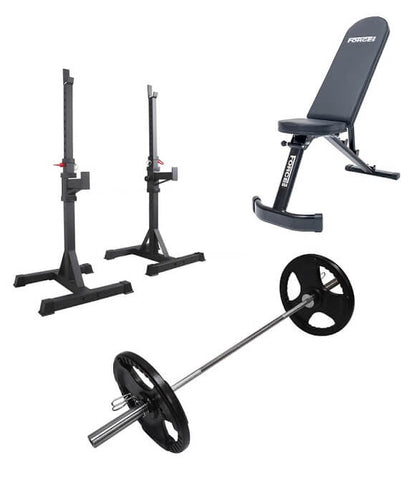 Image of Set - Portable Squat Rack, Force USA Adjustable Bench, 20kgs Olympic Barbell And 20kg Olympic Weights Collars