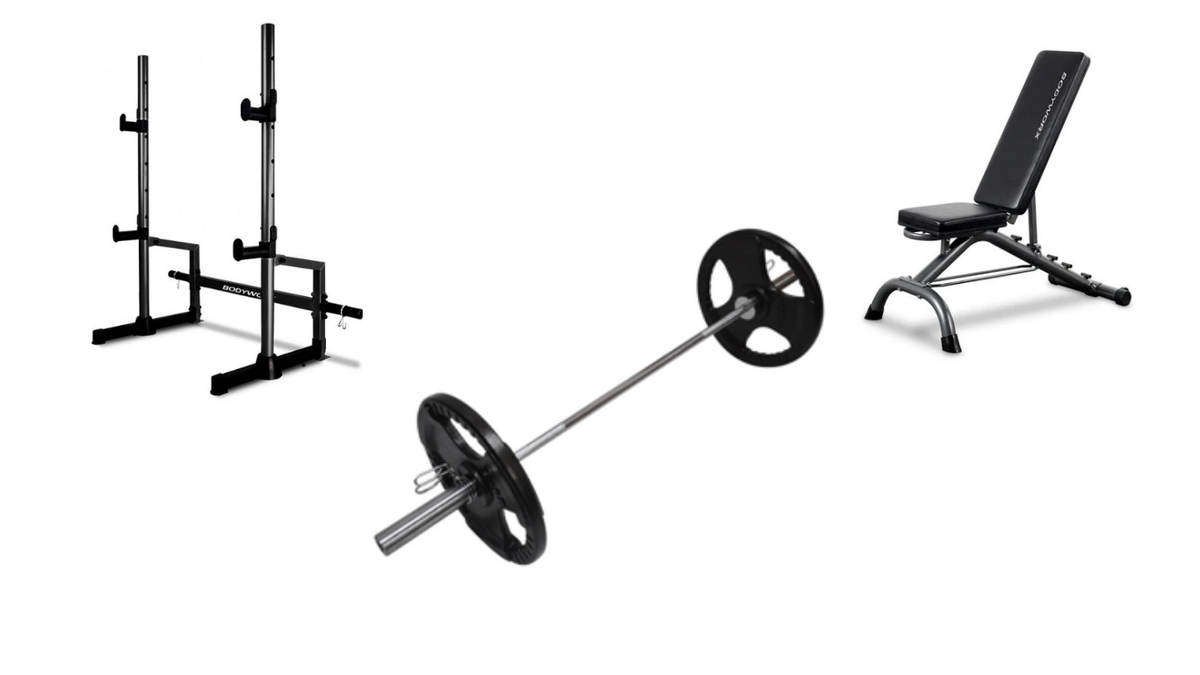 Set - BUNDLE Bench press, Squat Rack, Adjustable Bench, 15kgs Olympic Barbell And 30kg Olympic Weights Collars