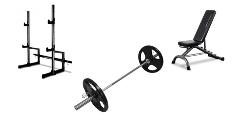 Image of Set - Squat Rack, Adjustable Bench, 15kgs Olympic Barbell And 30kg Olympic Weights Collars