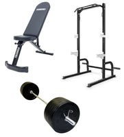 Package of Half Rack Adjustable Bench Olympic Barbell Bumper Weight Plates Spring Collars