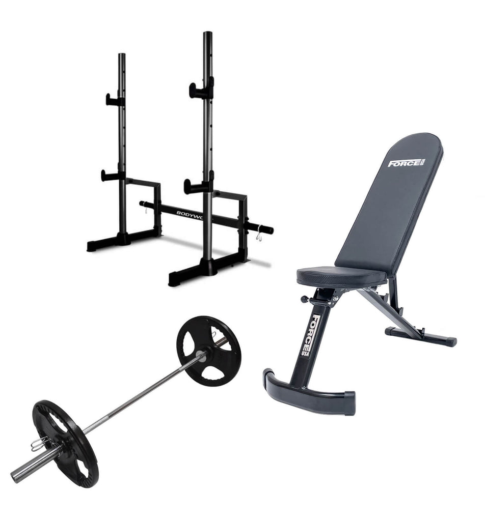 Set - Squat Rack, Adjustable Bench, 15kgs Olympic Barbell And 30kg Olympic Weights Collars