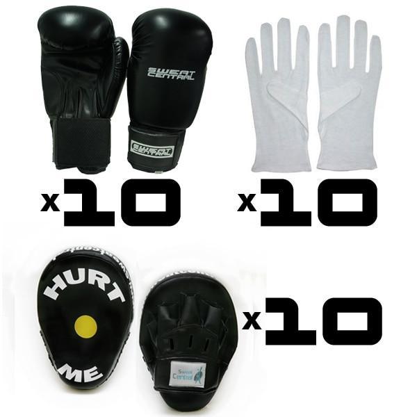 GOLD PACK 10 Pairs of BOXING GLOVES, FOCUS PADS & BOXING INNERS - sweatcentral