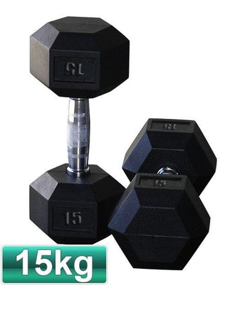 15KG PAIR OF RUBBER HEX DUMBBELLS - sweatcentral