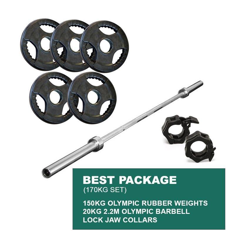 BEST PACKAGE: 150KG OLYMPIC WEIGHT PLATES + 2.2m 1000LB OLYMPIC WEIGHTLIFTING BRASS BUSHING BARBELL + LOCK JAWS - sweatcentral