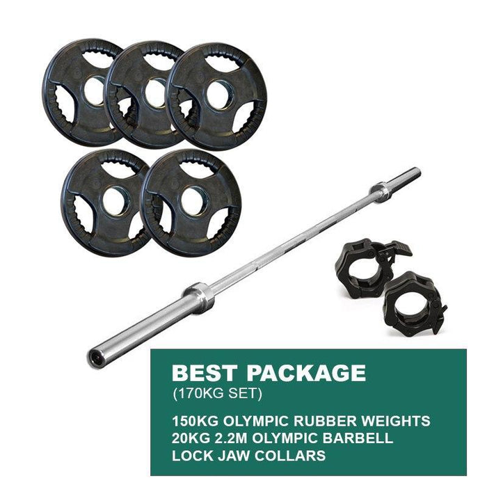 BEST PACKAGE: 150KG OLYMPIC WEIGHT PLATES + 2.2m 1000LB OLYMPIC WEIGHTLIFTING BRASS BUSHING BARBELL + LOCK JAWS - sweatcentral