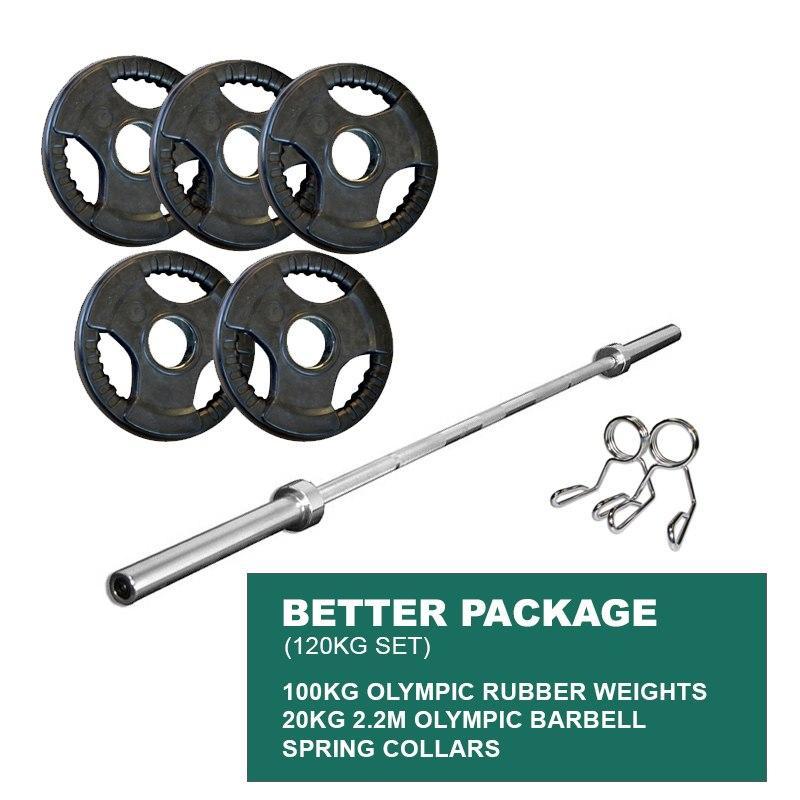 BETTER PACKAGE: 100KG OLYMPIC WEIGHT PLATES + 2.2m 1000LB OLYMPIC WEIGHTLIFTING BRASS BUSHING BARBELL + SPRING CLIPS - sweatcentral