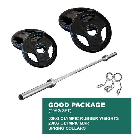 Image of GOOD PACKAGE: 50KG OLYMPIC WEIGHT PLATES + 2.2m 1000LB OLYMPIC WEIGHTLIFTING BRASS BUSHING BARBELL + SPRING CLIPS - sweatcentral