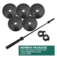 NEWBIE PACKAGE: 70KG BUMPER WEIGHT PLATES + POWERLIFTING CROSS TRAINING OLYMPIC OXIDE BAR + LOCK JAWS - sweatcentral