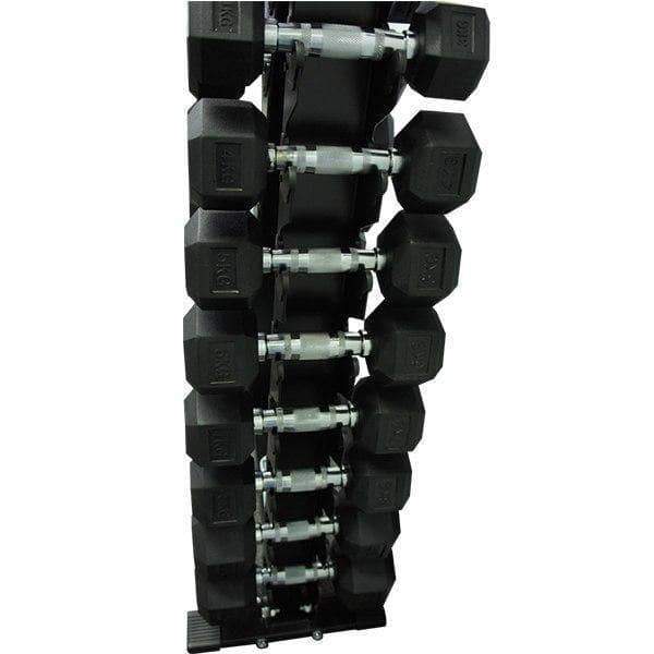 Package 3kg - 15kg Rubber Hex Dumbbells with Vertical Weights Storage Rack Tree - sweatcentral