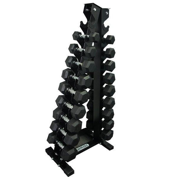 PACKAGE OF 2KG - 10KG RUBBER HEX DUMBELLS AND  VERTICAL STORAGE RACK TREE - sweatcentral