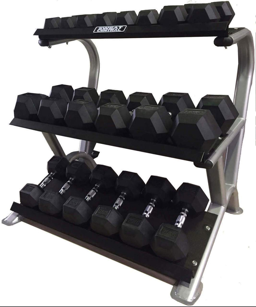 PACKAGE OF 5KG - 20KG RUBBER HEX DUMBBELLS & 3 TIER STORAGE WEIGHTS RACK - sweatcentral