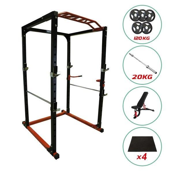 SILVER PACKAGE PR528 POWER CAGE 120kg WEIGHTS BENCH BARBELL AND MATS - sweatcentral