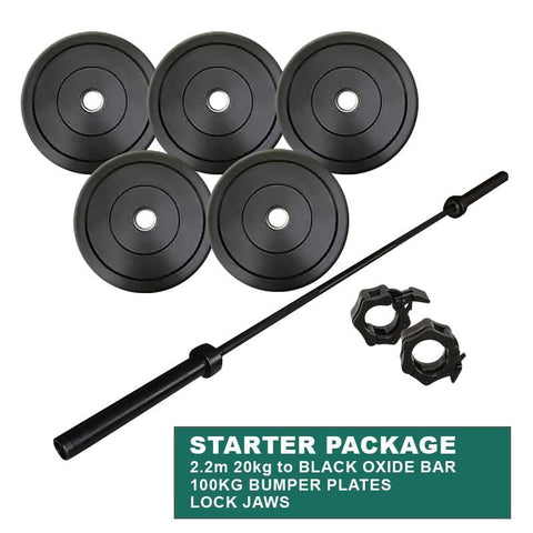 STARTER PACKAGE: 100KG BUMPER WEIGHT PLATES + POWERLIFTING CROSS TRAINING OLYMPIC OXIDE BAR + LOCK JAWS - sweatcentral