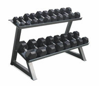 PACKAGE OF 10KG - 30KG RUBBER HEX DUMBBELLS AND 2 TIER STORAGE RACK