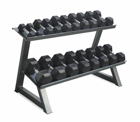 PACKAGE OF 10KG - 30KG RUBBER HEX DUMBBELLS AND 2 TIER STORAGE RACK
