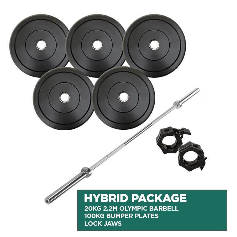 HYBRID PACKAGE: 100KG OLYMPIC BUMPER PLATES + 2.2m 1000LB OLYMPIC WEIGHTLIFTING BRASS BUSHING BARBELL + LOCK JAWS - sweatcentral