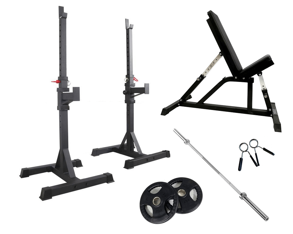 Set Portable Squat Rack 7ft Barbell Adjustable Bench 20kg