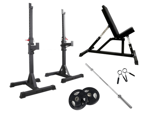 Set - Portable Squat Rack, 7ft Barbell, Adjustable Bench, 20kg Olympic Weights Collars
